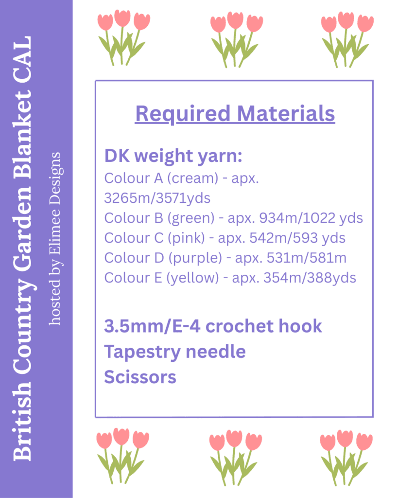 A list of Required materials for the British country garden blanket cal