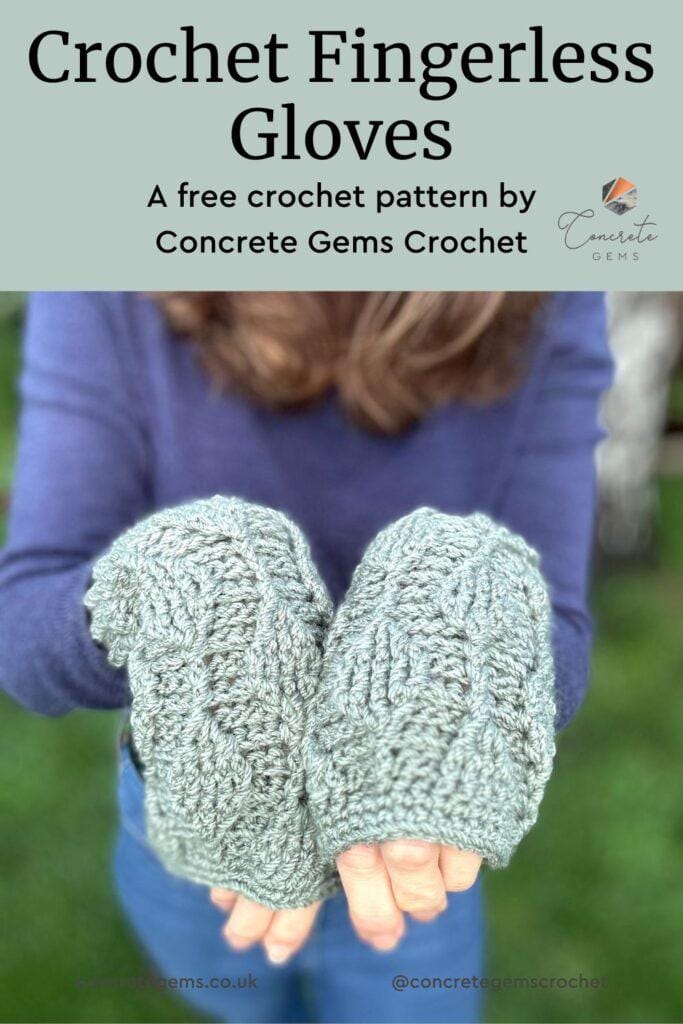 An image of 2 hands held out in front of a person with green crochet fingerless gloves on. Above on a green background are the words Crochet Fingerless Gloves: A Free Crochet Pattern