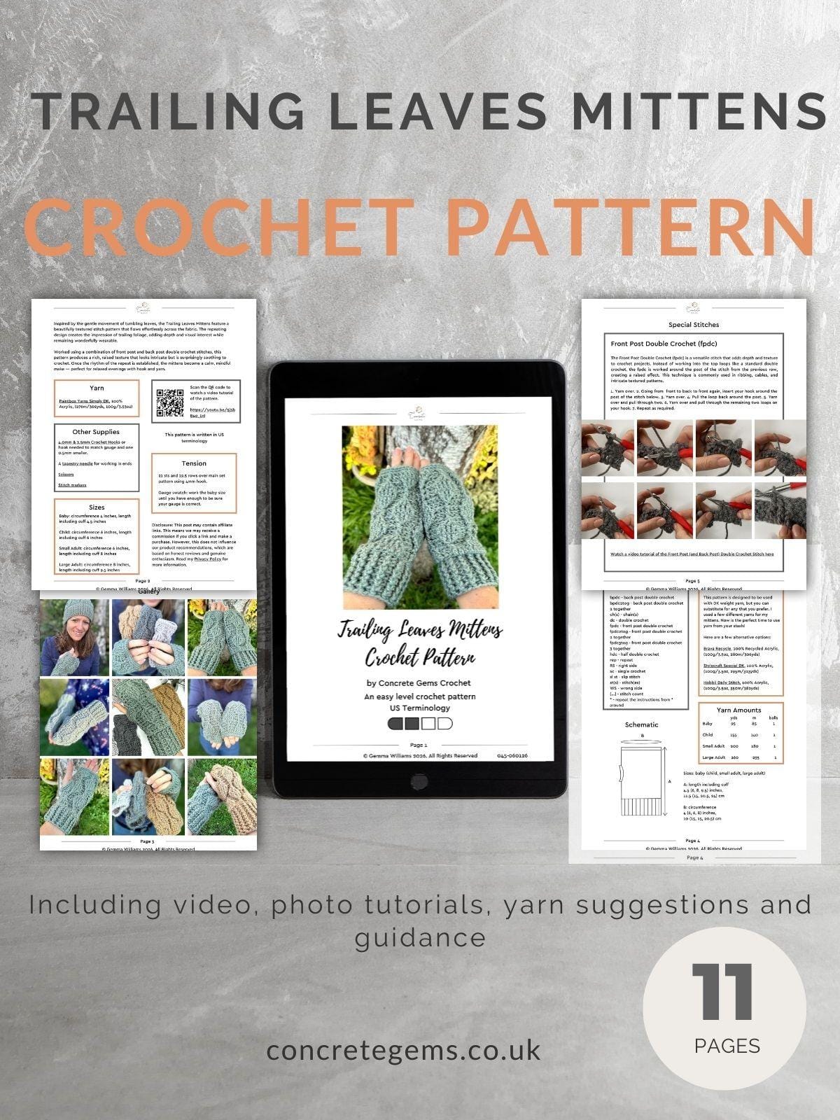 A pdf mock up of the Trailing Leaves Mittens Crochet Pattern showing 4 pages and a tablet with the front page of the pattern on