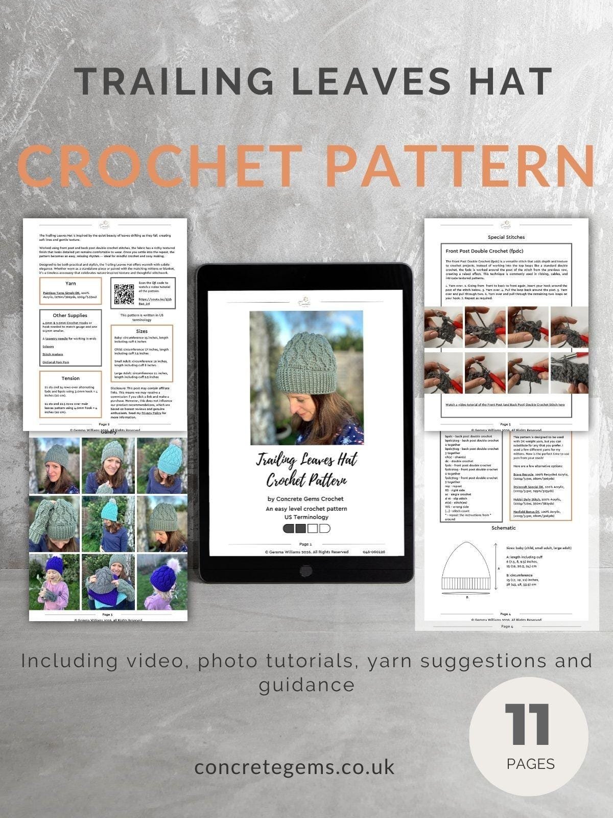 A pdf mock up of the trailing leaves hat crochet pattern, showing 5 pattern pages 
