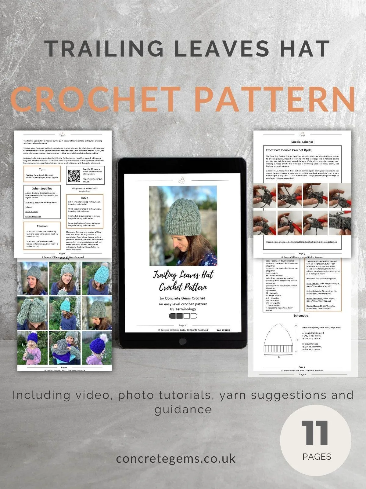 A pdf mock up of the trailing leaves hat crochet pattern, showing 5 pattern pages 