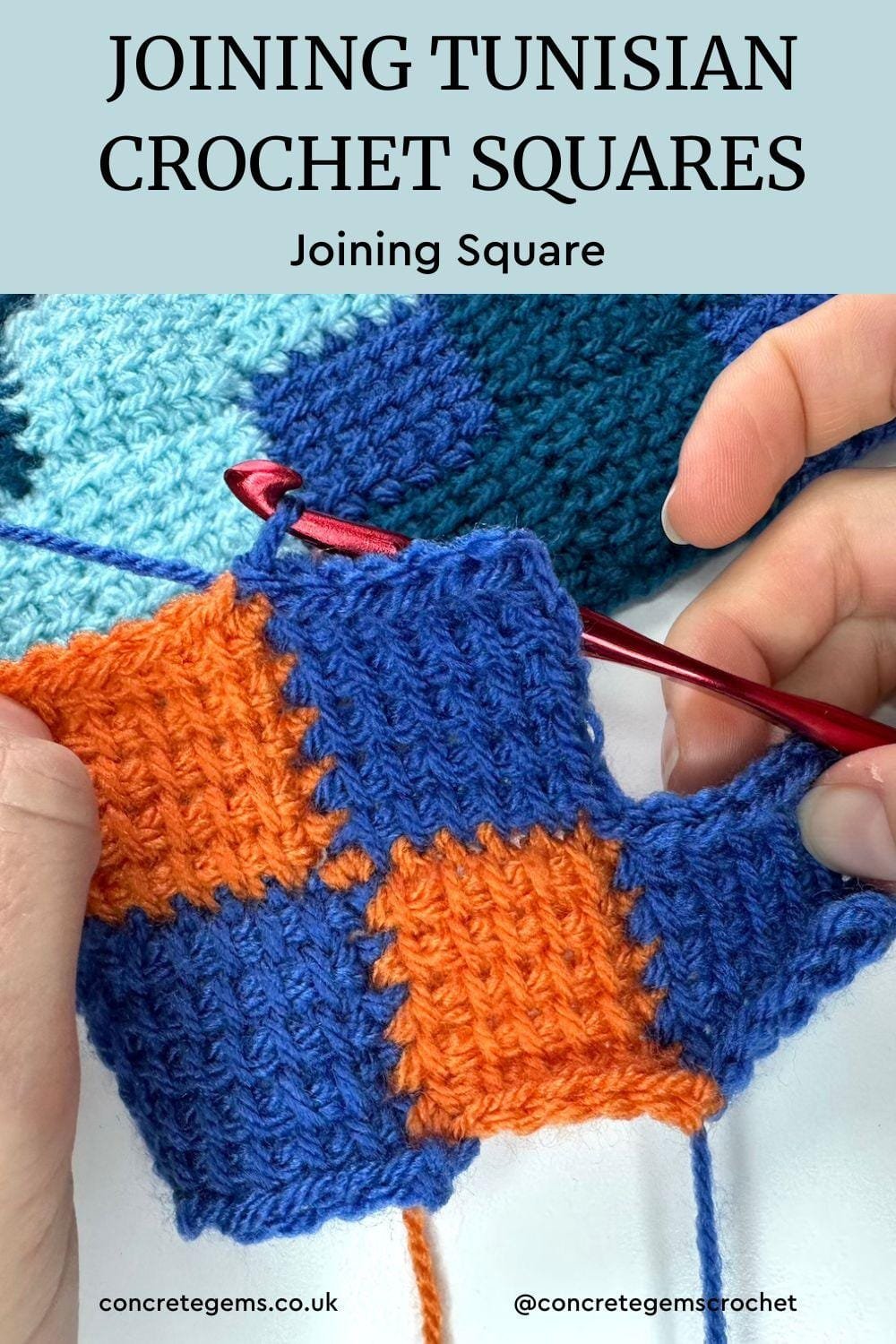 An image of blue and orange crochet squares joined together using the Entrelac Tunisian Crochet technique and the words above: joining tunisian crochet squares