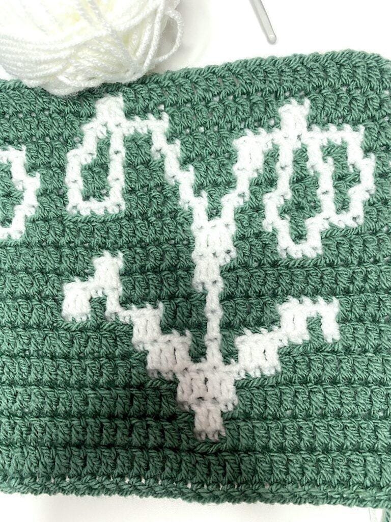 overlay mosaic crochet pattern of a crochet snowdrop in white on a green background