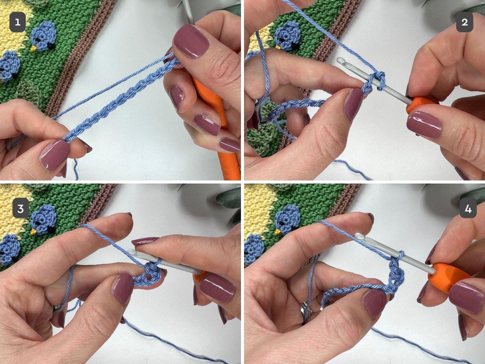 4 images showing steps 1 -4 of the moss stitch crochet tutorial