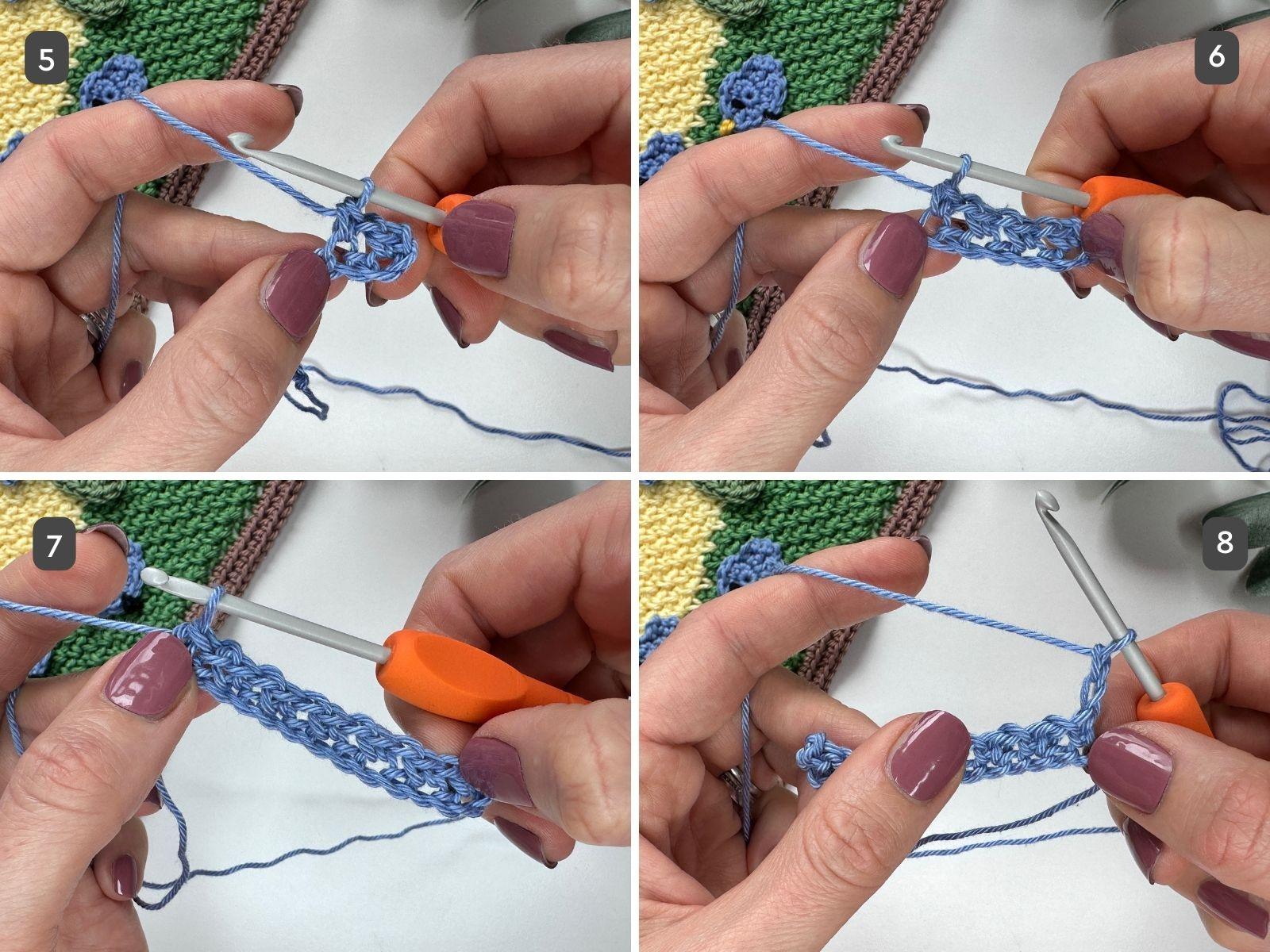 Steps 5-8 of the tutorial on how to make a moss stitch in crochet