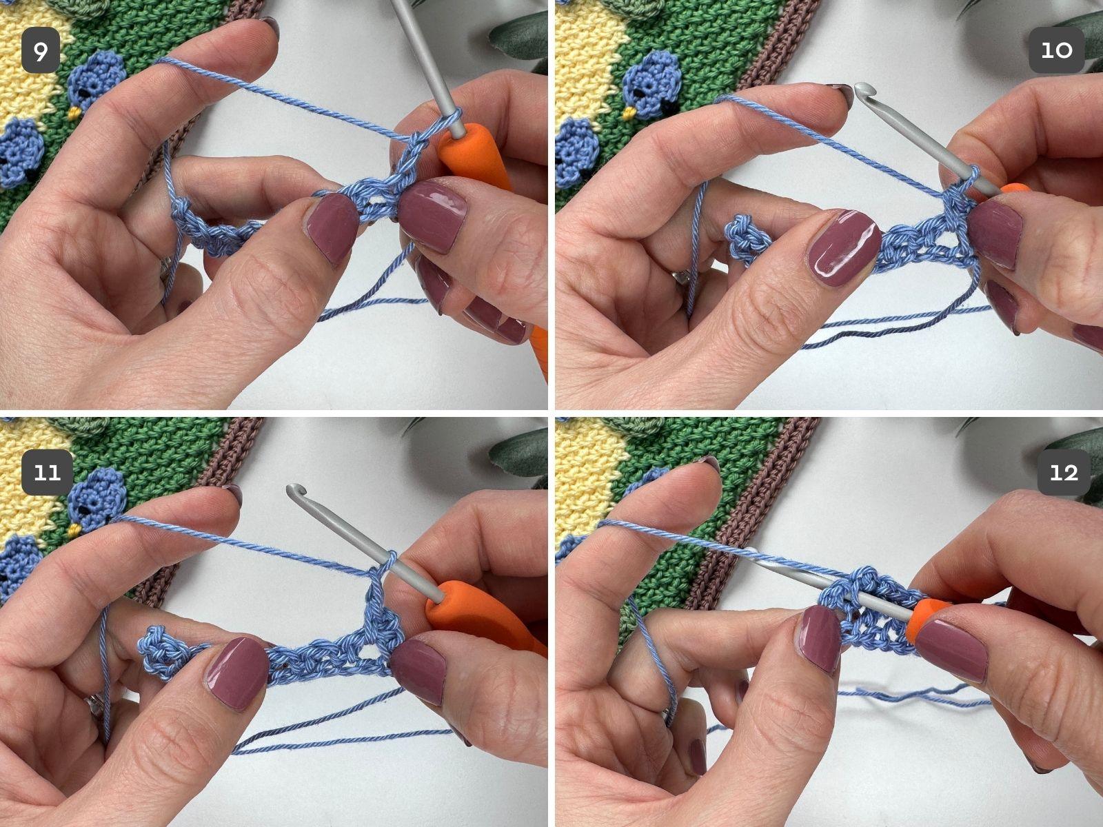steps 9-12 of the moss stitch crochet tutorial in pictures