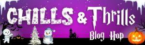 A button for the chills and thrills blog hop with halloween and winter clipart