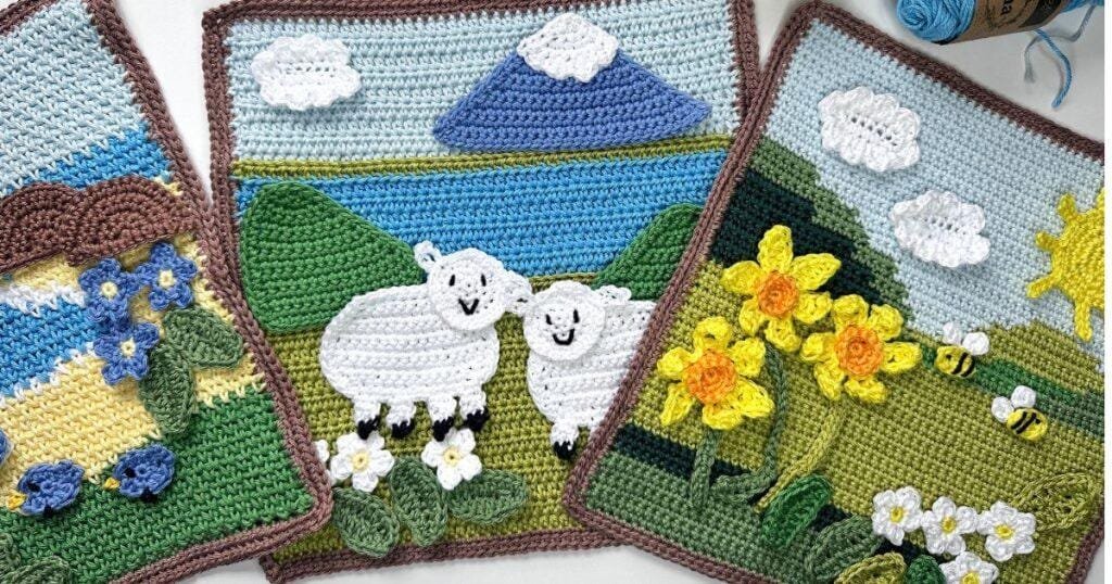 3 spring crochet scenes of mountains, hills and sea with applique motifs like flowers, sheep and clouds on