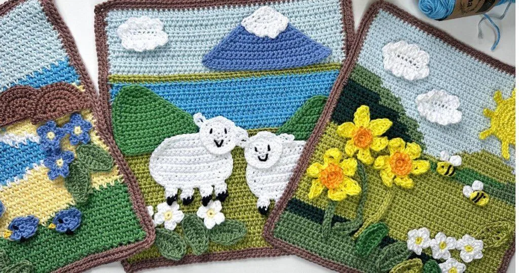 3 spring crochet scenes of mountains, hills and sea with applique motifs like flowers, sheep and clouds on