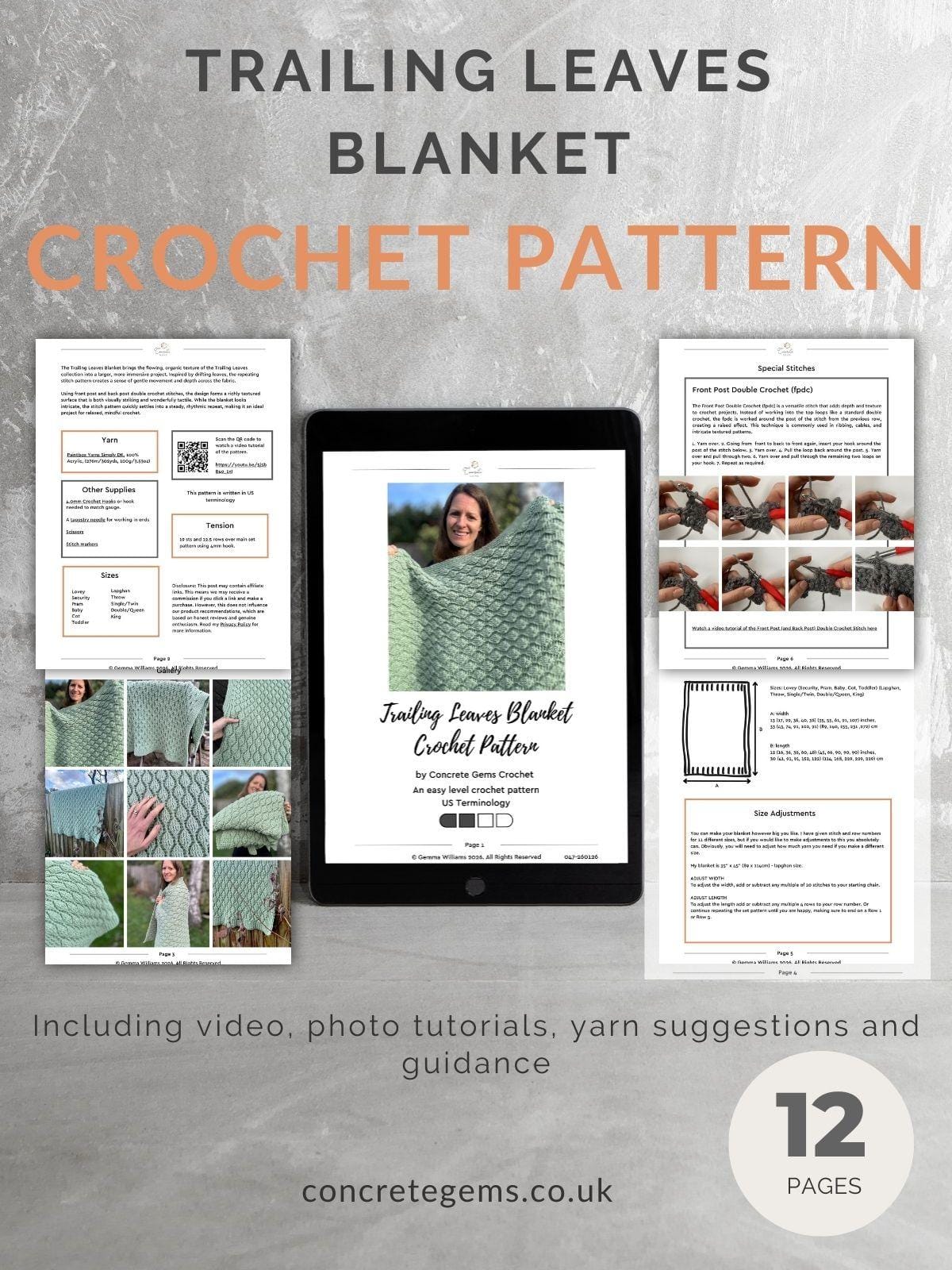 A pdf mock up of the trailing leaves blanket crochet pattern showing 5 pages of the pattern instructions