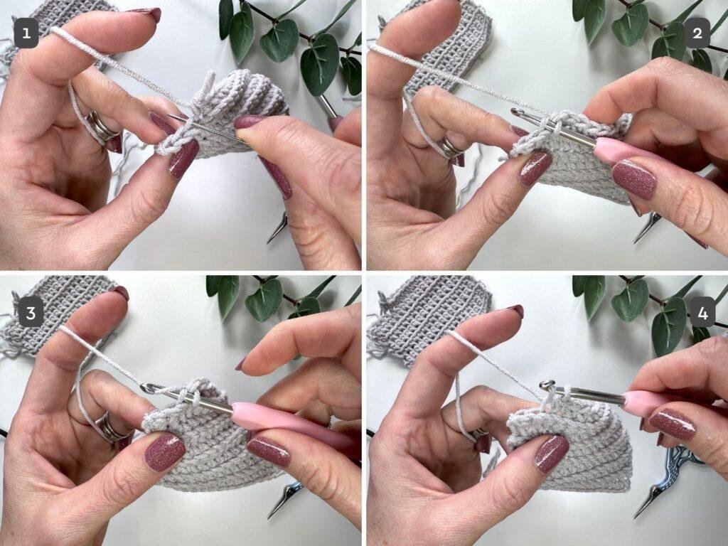 4 images showing the step by step process of how to crochet in the back loop only