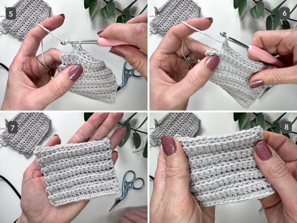 4 images show steps 5-8 of the single crochet in blo