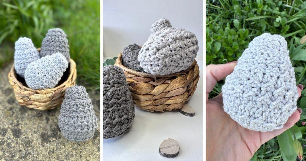 3 images side by side of textured crochet Easter eggs in different shades on grey. 2 are outside in the grass and one is a styled shot in a basket on a white surface.