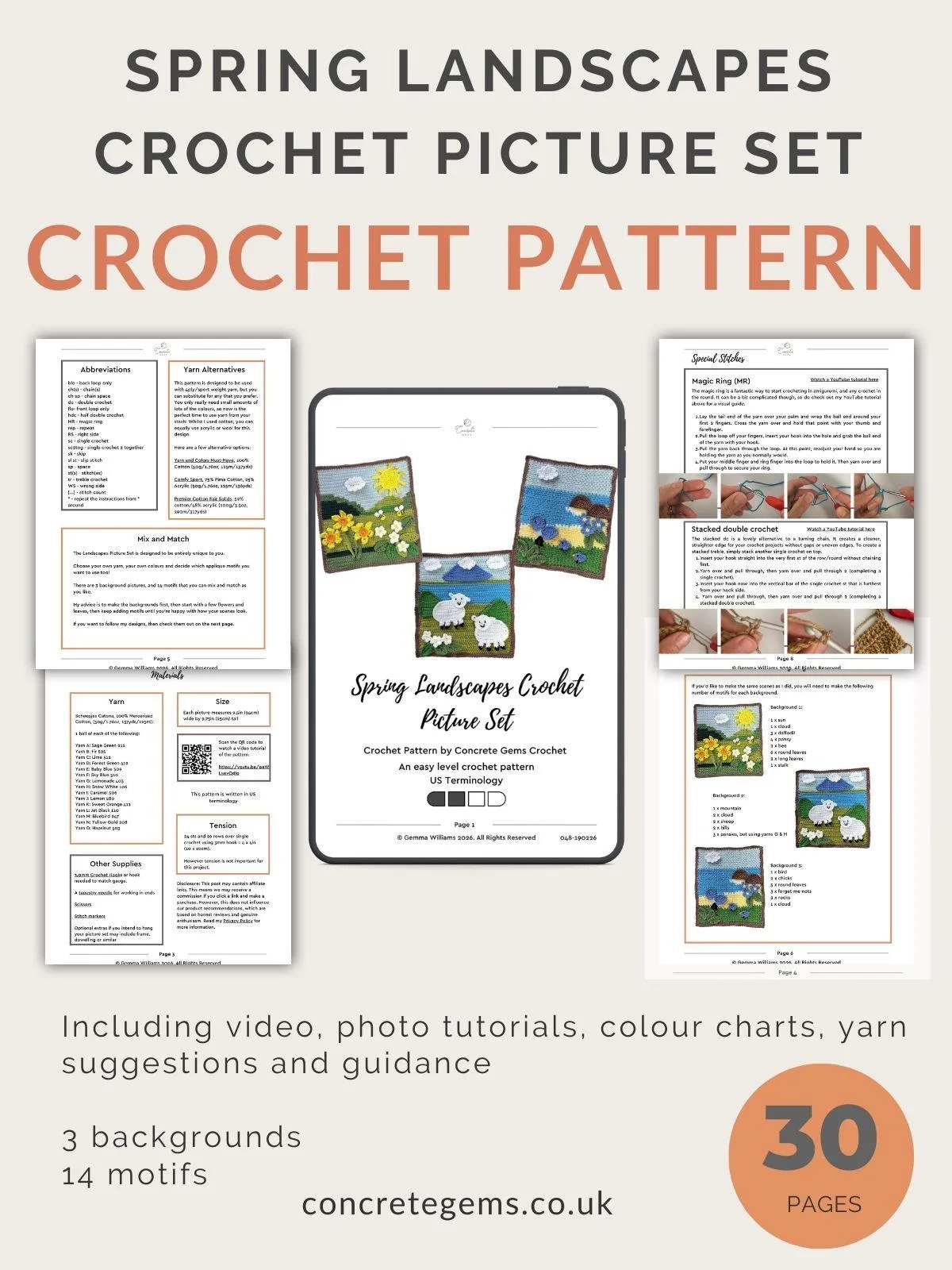 A pdf mock up of the Spring Landscapes Crochet Picture Set Crochet pattern showing 5 extracts