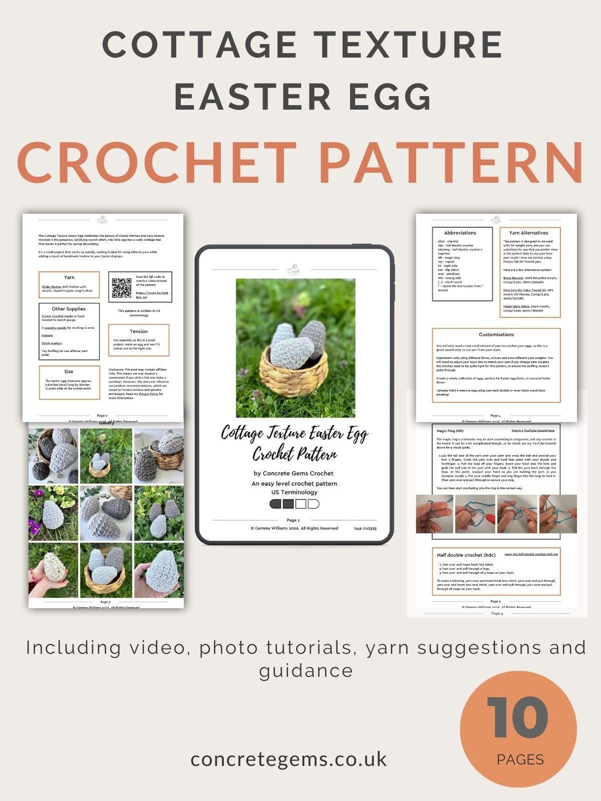 A pdf mock up of the downloadable cottage texture Easter Egg crochet pattern showing 5 of the pages