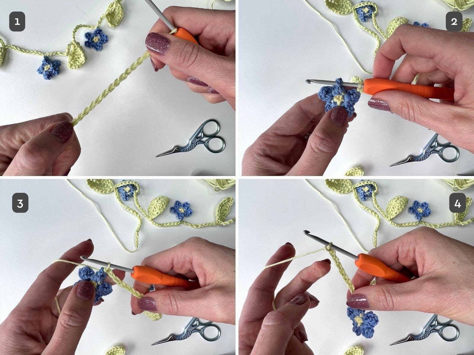 4 images showing the step by step process for adding a flower to a crochet flower garland
