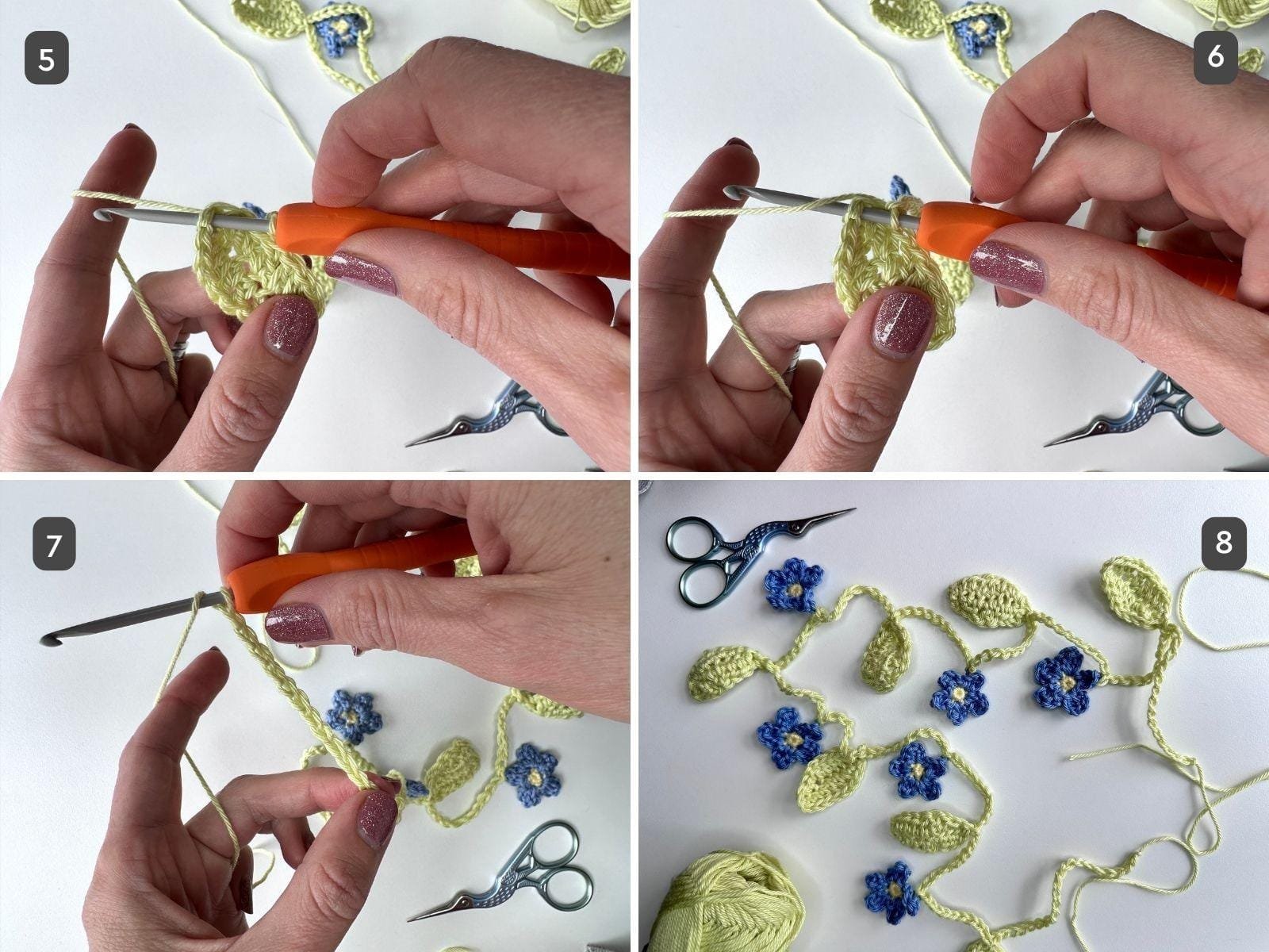 4 images showing how to add a leaf to a crochet flower garland