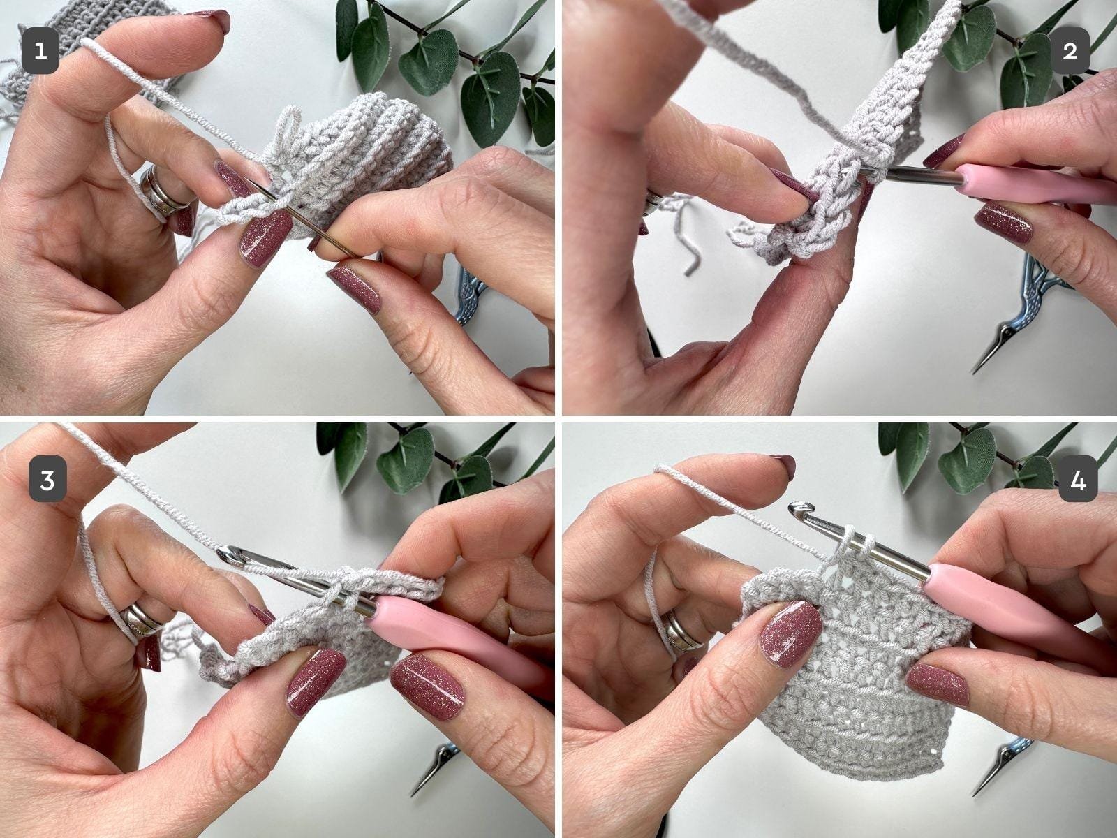 4 images showing the first steps of how to make a single crochet in the front loop only