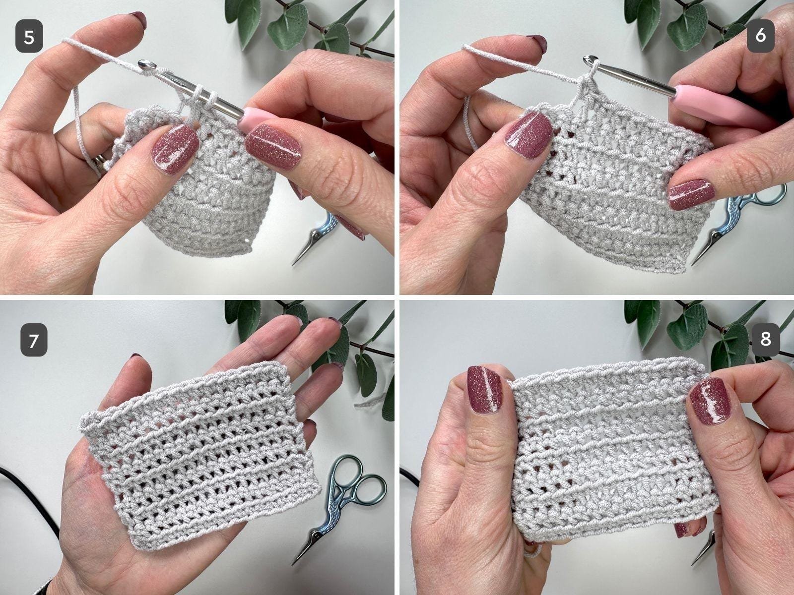 steps 5 to 8 of crochet front loop single crochet stitch.