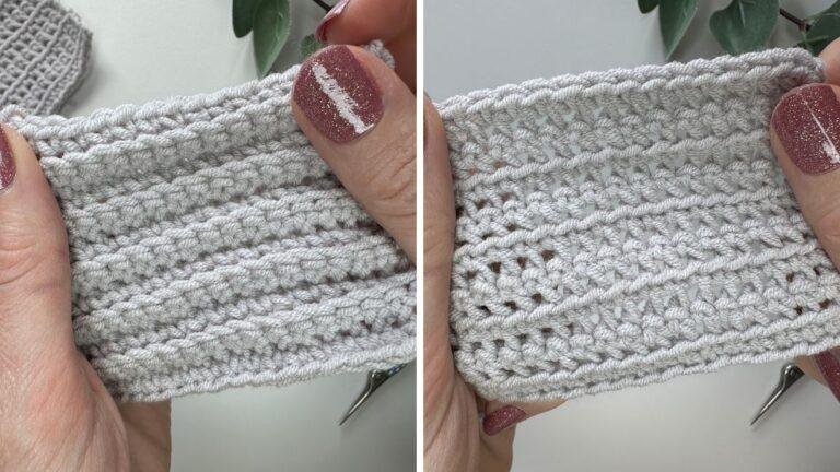 2 samples of grey crochet fabric are held up to show the different texture in front and back loop single crochet