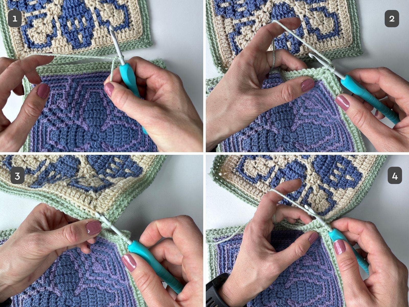 4 step by step images showing how to start making a slip stitch seam