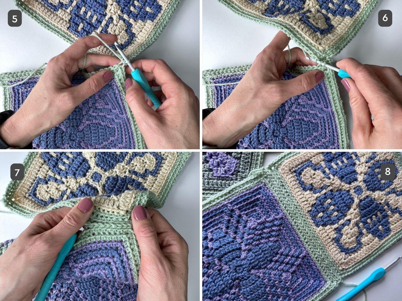 4 images showing the final steps of the slip stitch seam with a final image showing it completed.