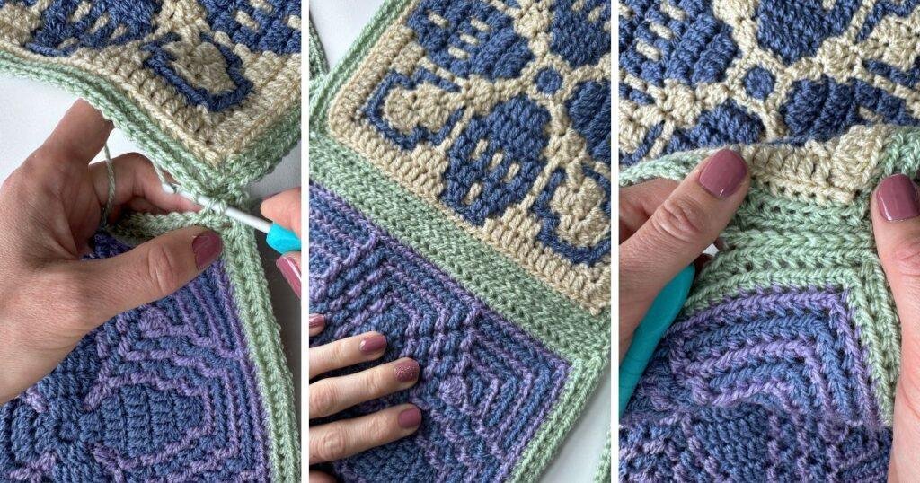 3 images of crochet squares being joined together using a flat slip stitch seam