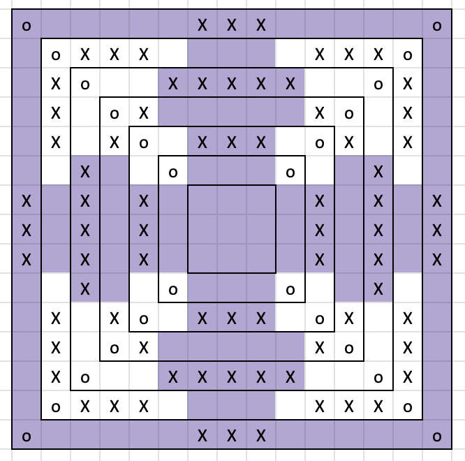 A mosaic crochet chart of a center out crochet square in purple and white