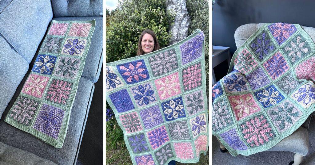 3 images of a mosaic crochet square blanket featuring 4 different crochet flower squares