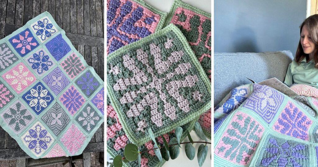 3 images of a mosaic crochet flower square used alone or joined as a crochet blanket in different colours