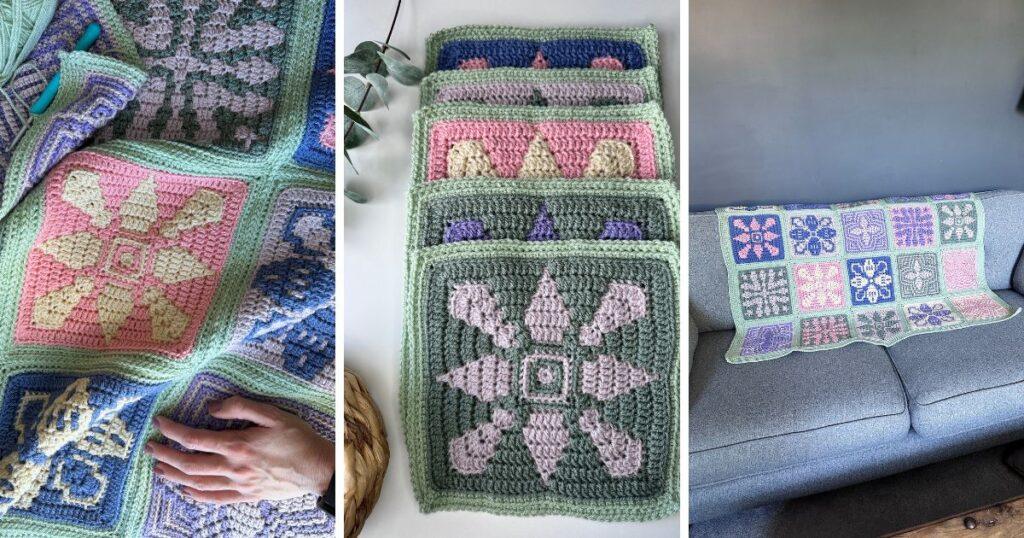 3 images showing a mosaic crochet square used as a potholder or as part of a tile blanket