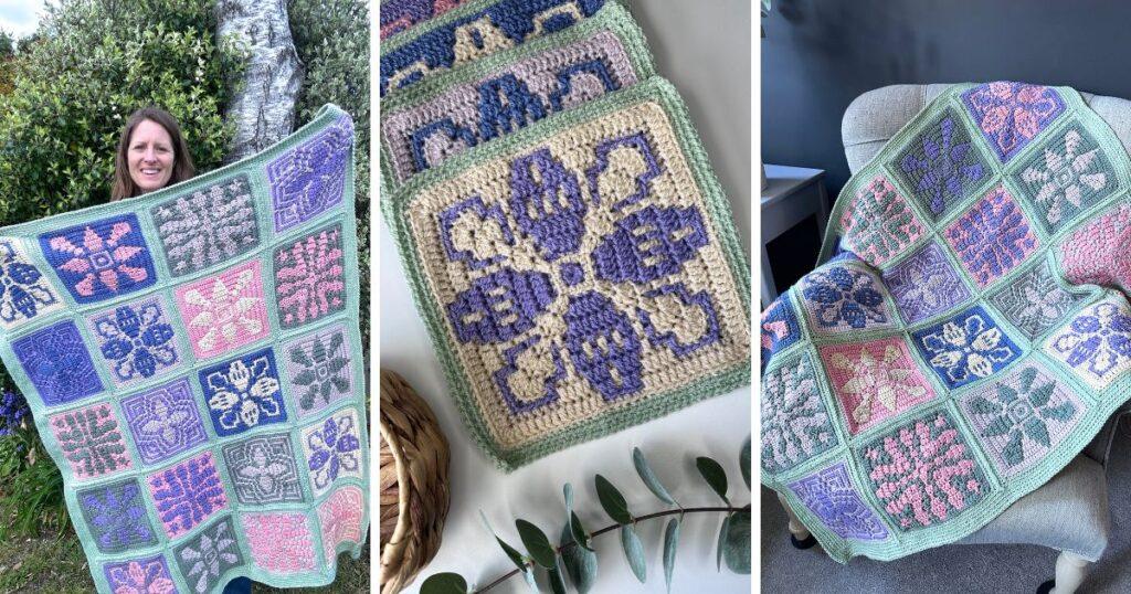 3 images of a crochet blanket and crochet squares using overlay mosaic crochet in the round