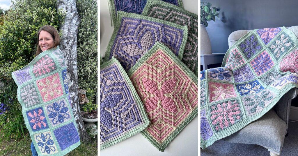 3 images of a mosaic crochet square pattern used alone and in a mosaic crochet blanket