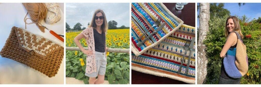 4 images of a crochet items and a woman (the designer) modelling them