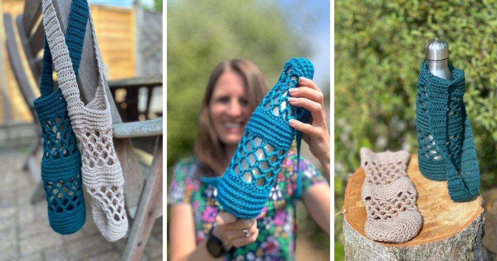 3 images of a crochet water bottle holder, the one in the middle is being held by a woman.