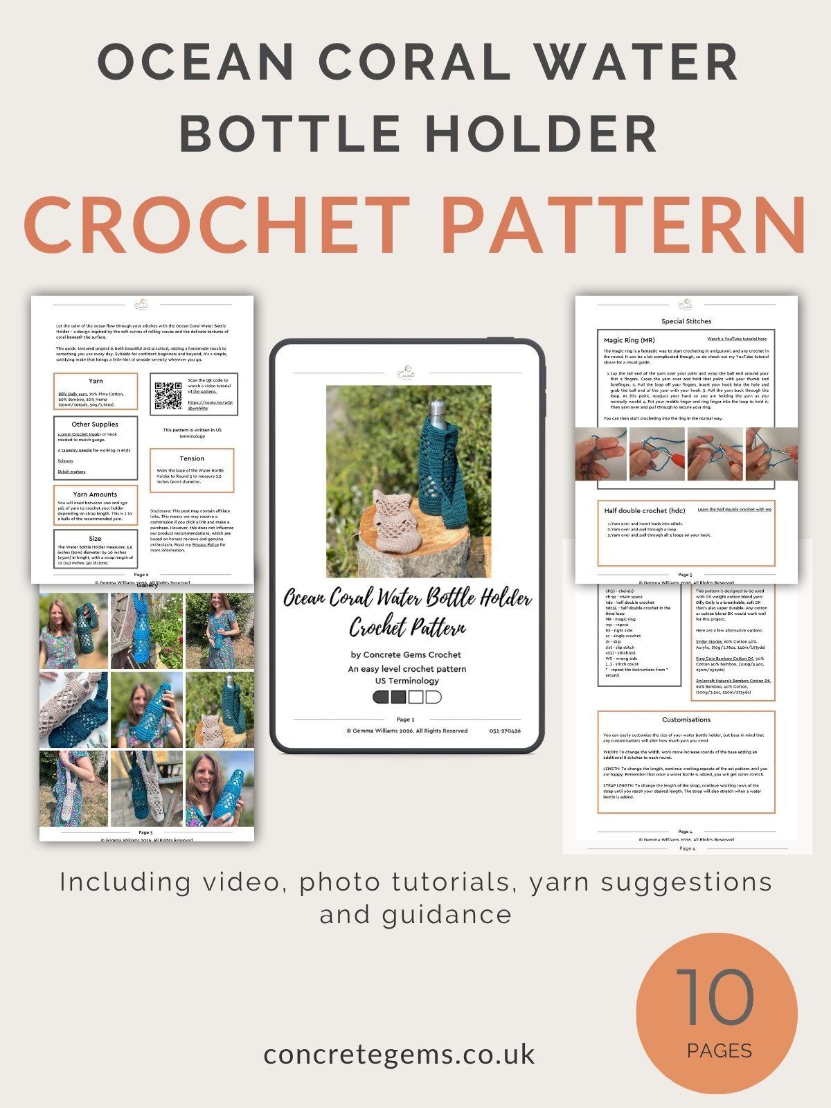 An infographic showing the ocean coral water bottle holder crochet pattern pdf for purchase