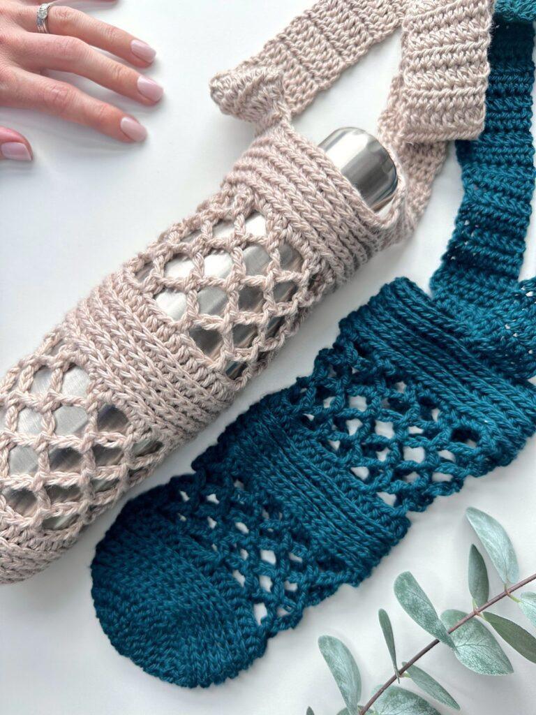 How to crochet a water bottle holder - finished textured and lace design worn crossbody