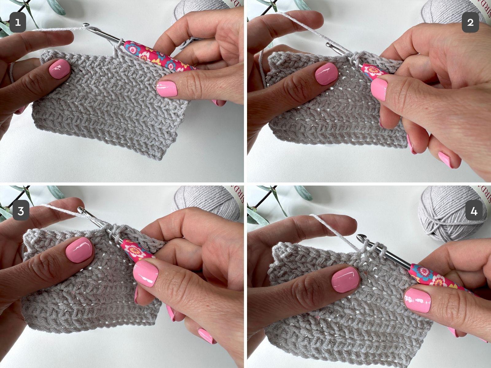 4 images of the herringbone half double crochet stitch being made