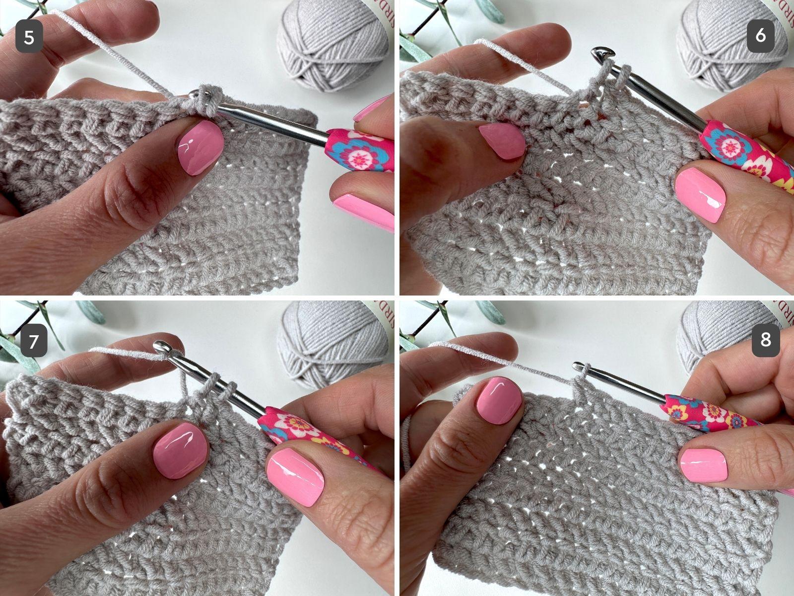 Steps 5-8 of the herringbone half double crochet stitch being made