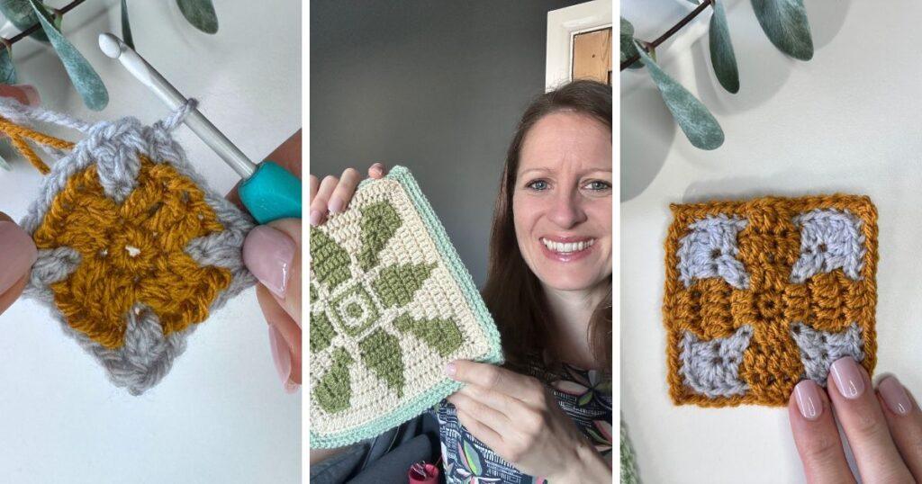 3 images of mosaic crochet center being crocheted and held up to show. Some are grey and orange and one is cream and green