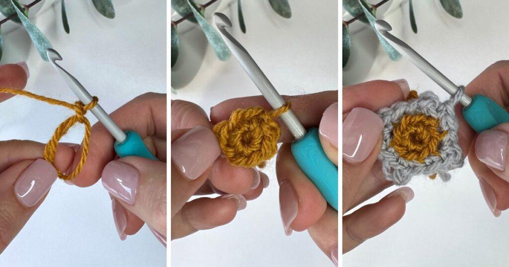 The first 3 steps in mosaic crochet center out, the magic ring, the first 8 single crochet and the next round creating the corners