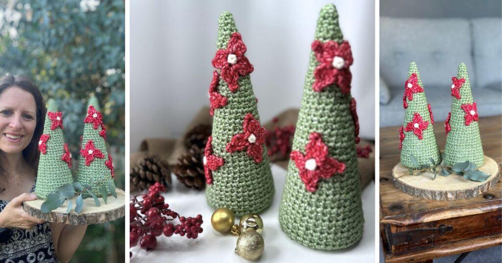 3 images of crochet Christmas trees with poinsettia flowers on them.