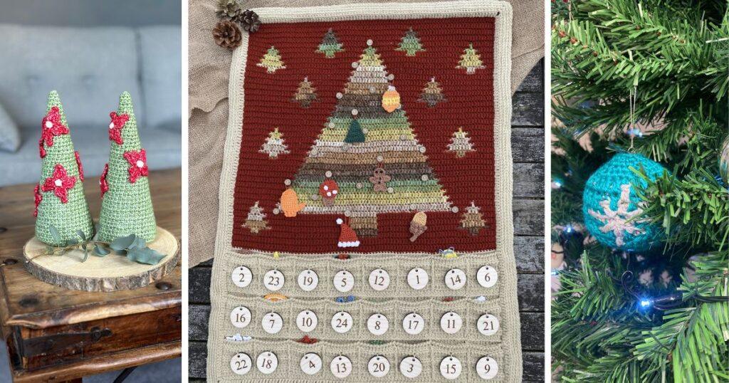 3 free crochet christmas patterns, including crochet Christmas tree, crochet advent calendar and a crochet bauble