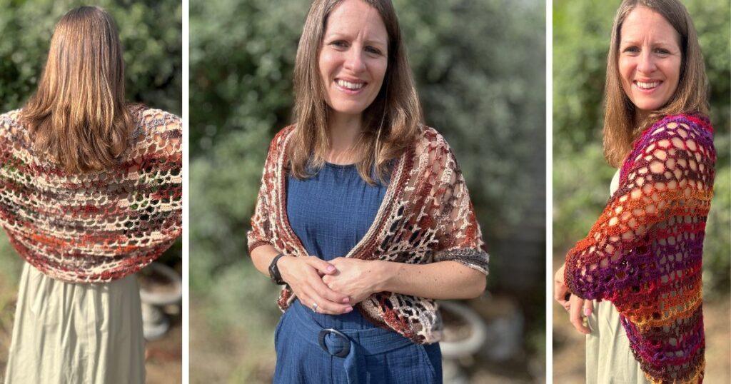 A lady wearing a crochet cocoon cardigan in variegated yarn. 2 different versions are shown in different poses.