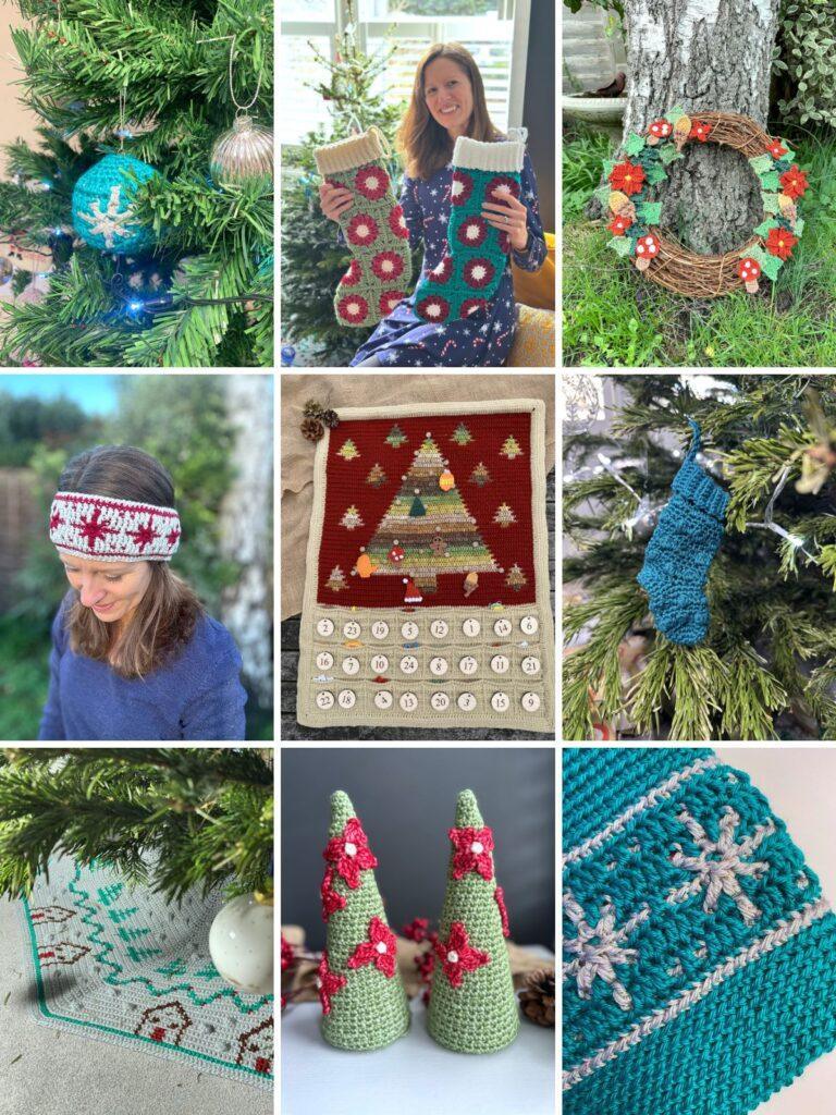 9 images of Christmas crochet patterns including advent calendar, crochet trees, crochet headband and snowflake crochet bauble
