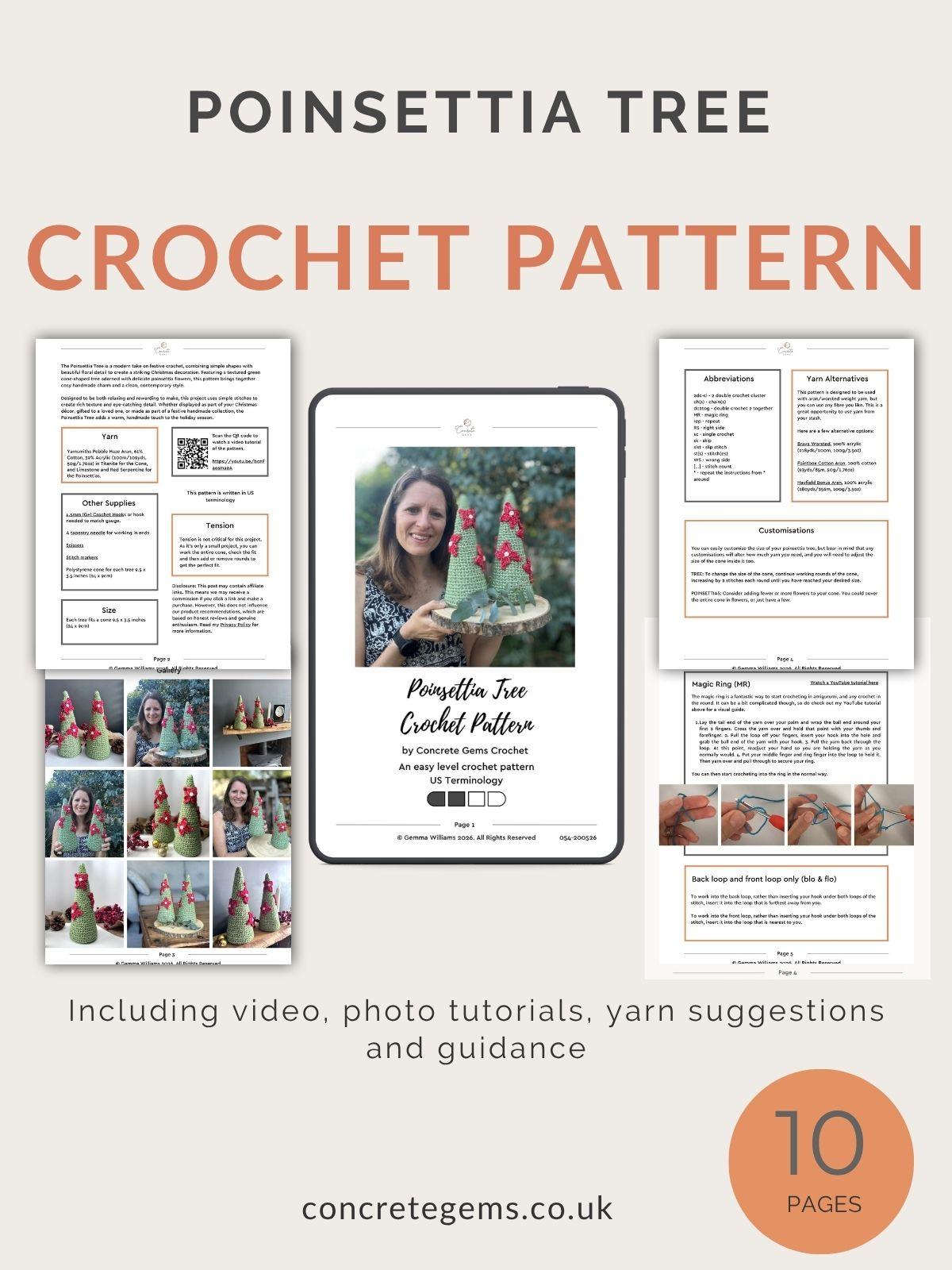 A pdf mock up of the poinsettia tree crochet pattern showing 5 of the pages