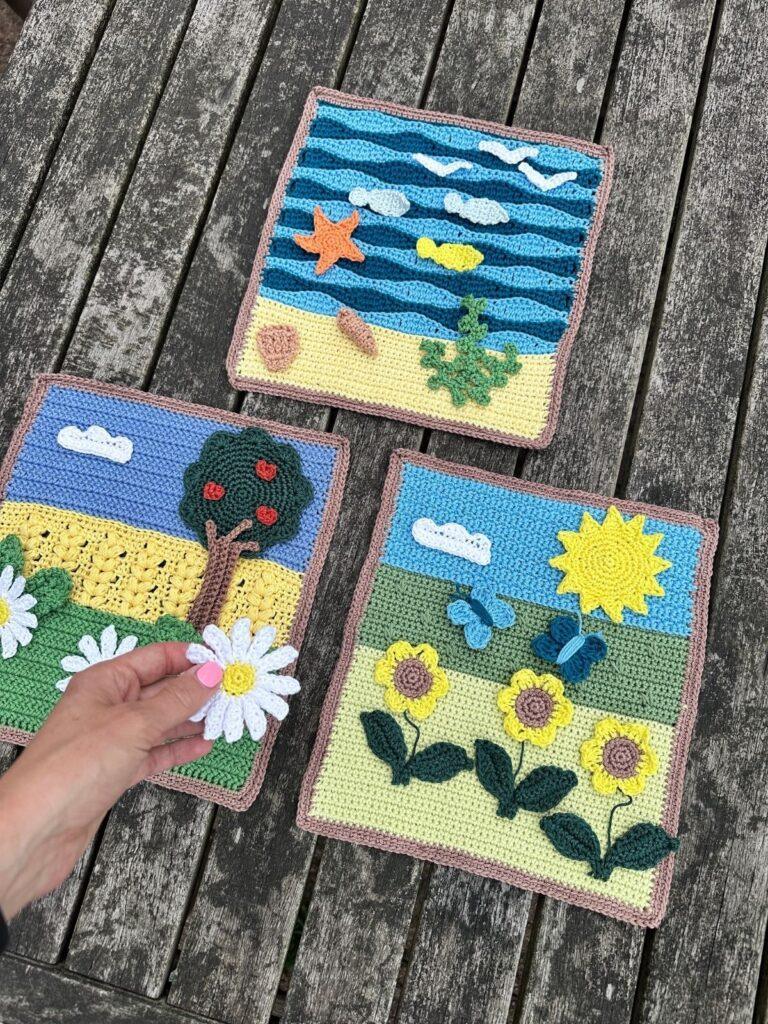 3 summer crochet pictures are laid out on a wooden table