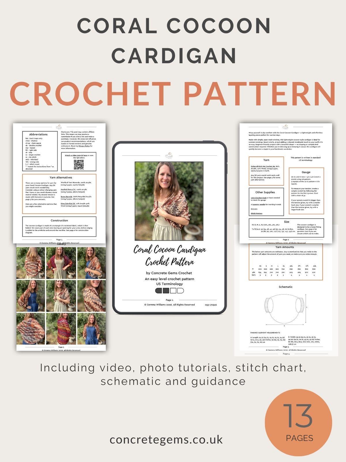 Pdf mock up of the coral cocoon cardigan crochet pattern including 13 pages, schematic, chart and more