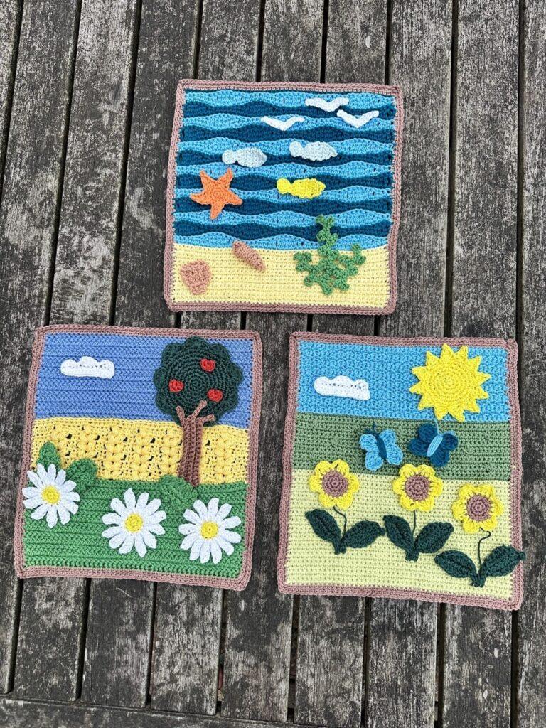 3 crochet pictures featuring summer scenes with different applique crochet motifs.