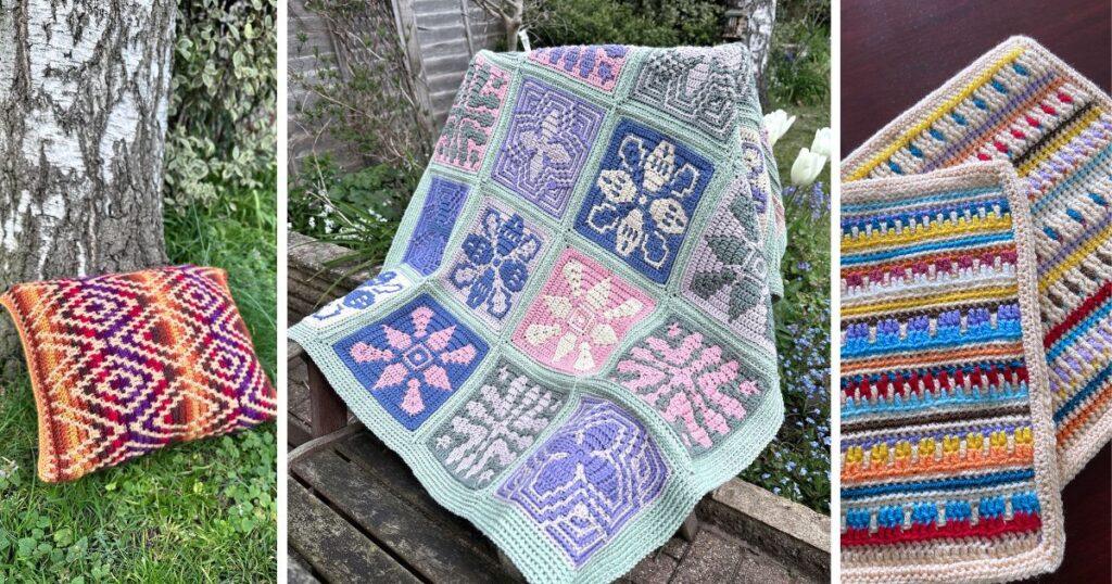 3 images of mosaic crochet designs: a cushion, a blanket and crochet placemats